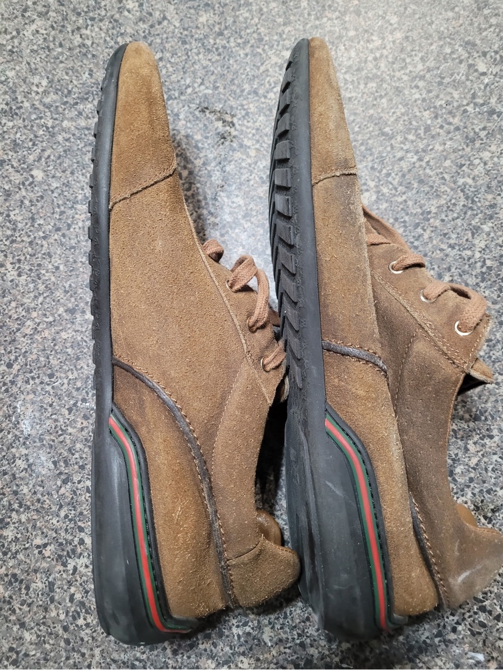 Gucci Brown Suede Slip-On Loafers with Green and Red Heel Stripe